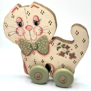 Vintage Hand-Painted Wooden Cat Pull Toy With Wheels